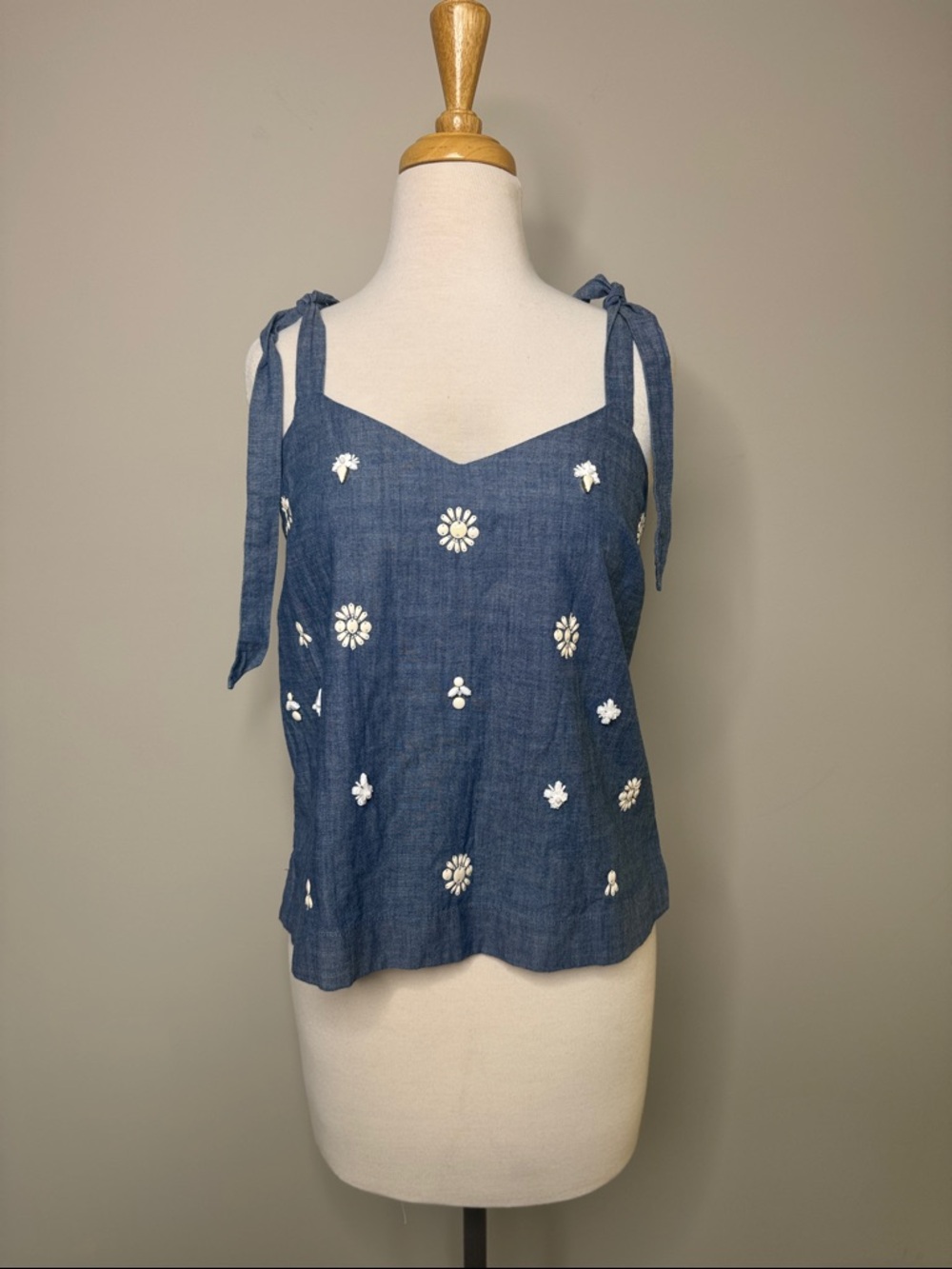 J. Crew Blue Chambray Tie-Shoulder Tank with White Floral Embroidery Jewels Sz2